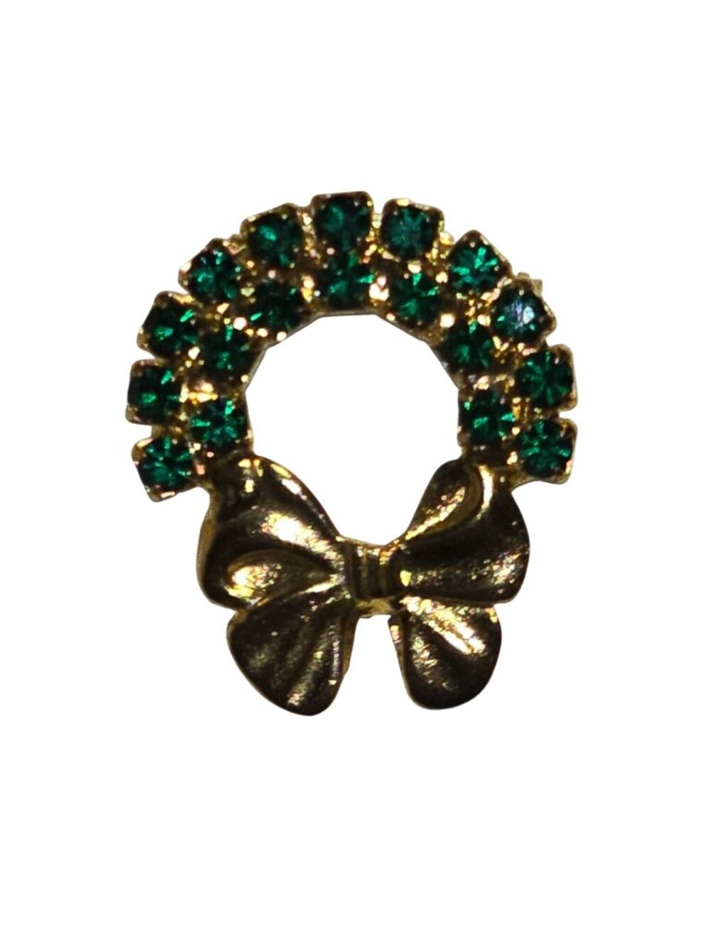 Vintage 1970s Rosa Square Emerald Green Rhinestones Mini Christmas Golden Wreath